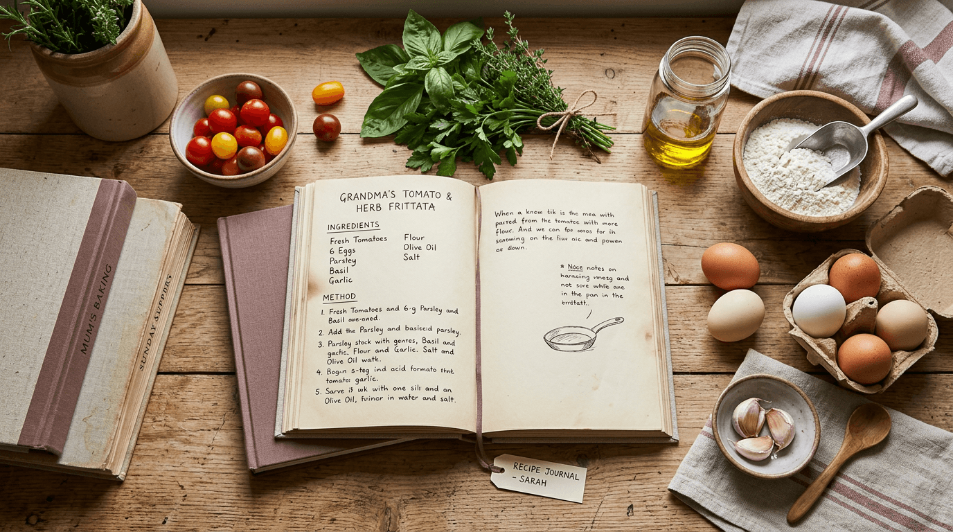 Open recipe book with ingredients on a rustic kitchen counter