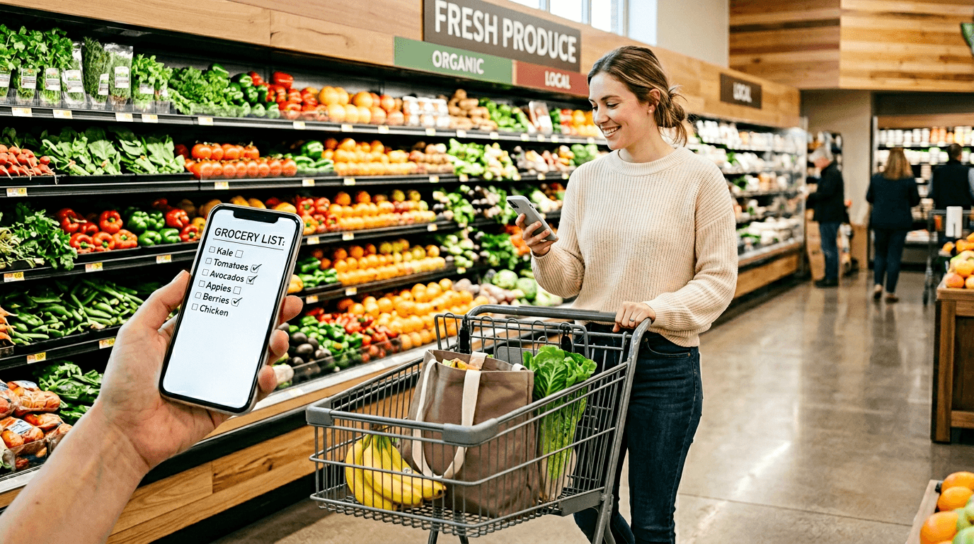 Person grocery shopping with a list on their phone