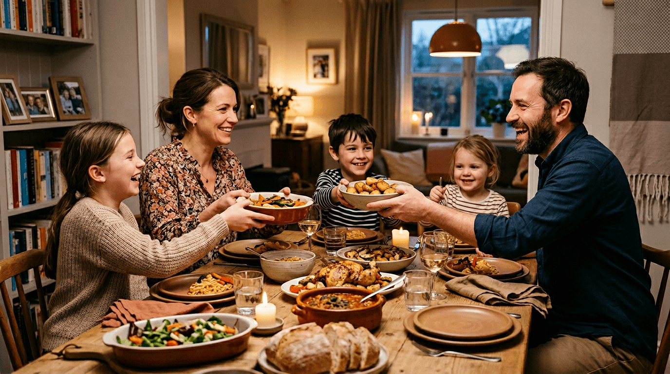 Family sharing a home-cooked meal together at the dinner table